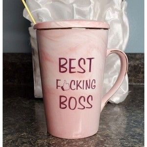 Best F#$ing Boss Lidded Ceramic Tea Mug Pink Marble with Golden Spoon